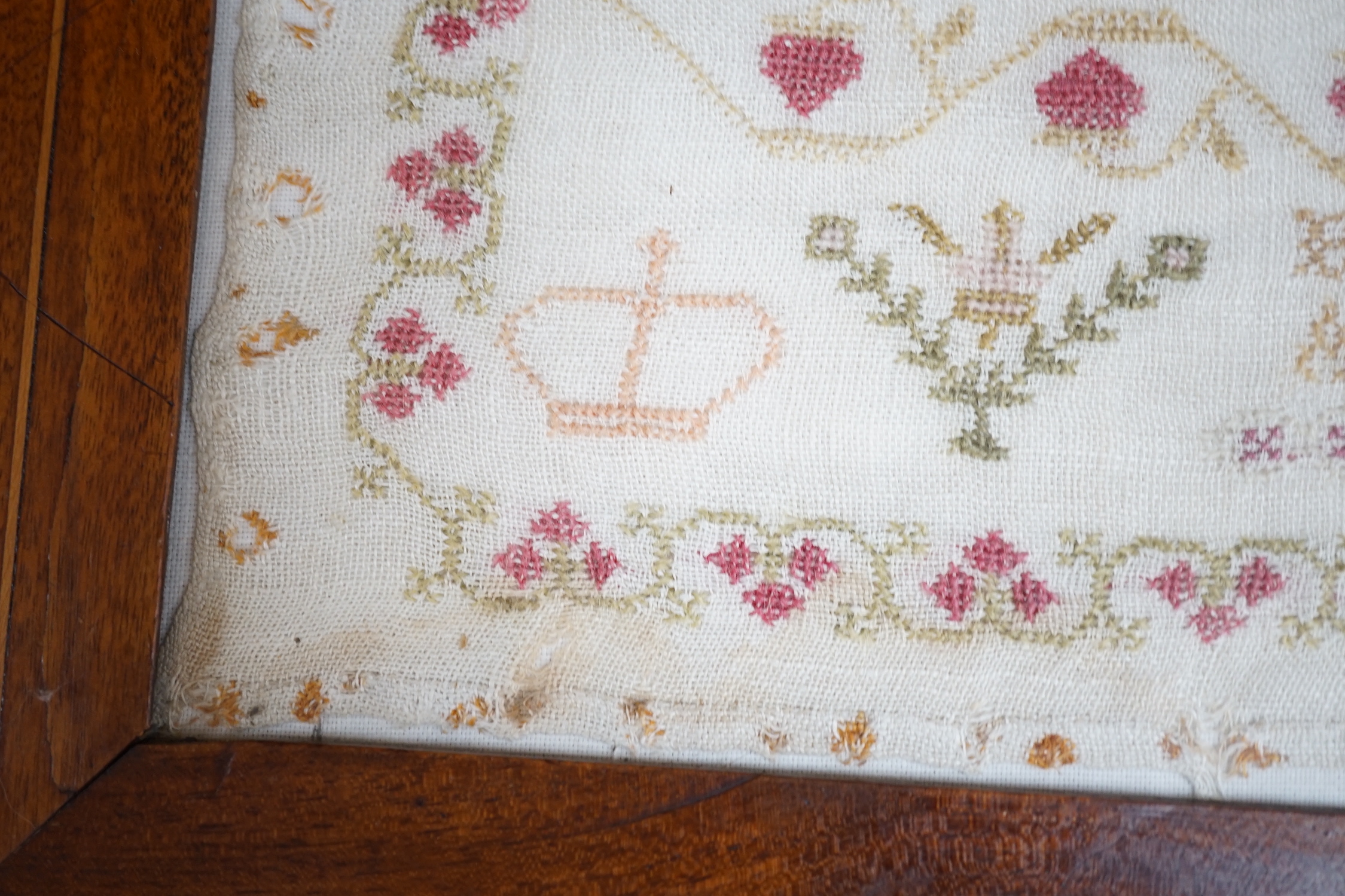 A framed late 19th century sampler, 40x41cm
